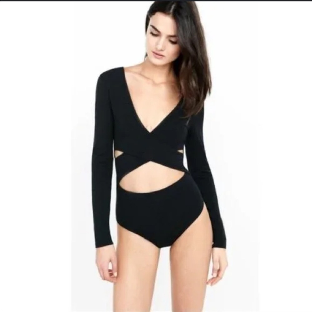 Express Black Wrap Long Sleeve Cut Out Bodysuit Size Small